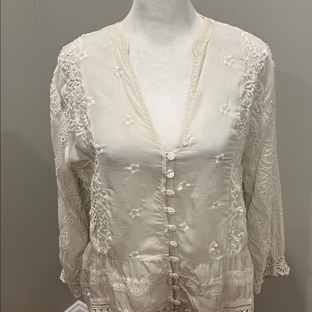 Johnny Was Cream Embroidered Button-Up Top - Picture 2 of 11